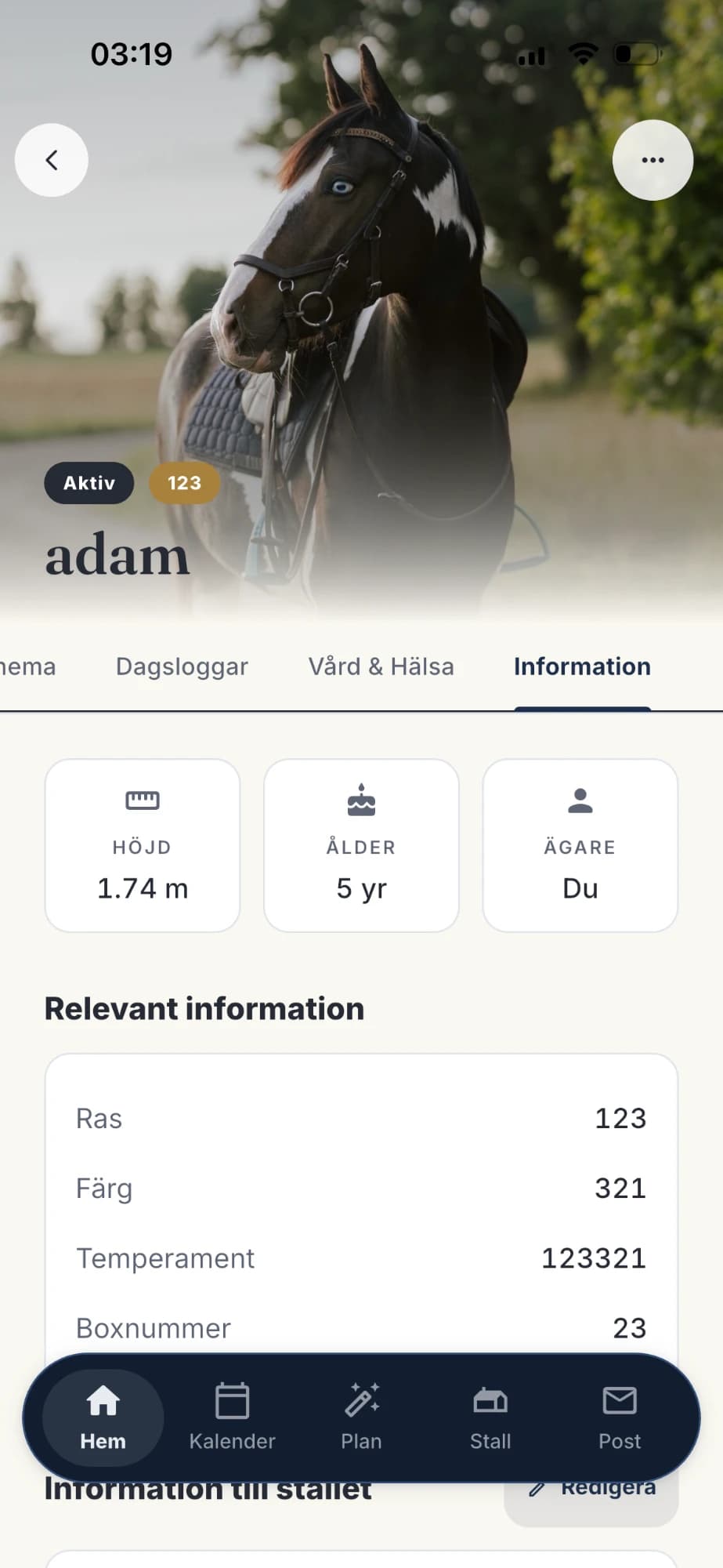 En hästs profil i appen med höjd, ålder, ägare och hästens uppgifter